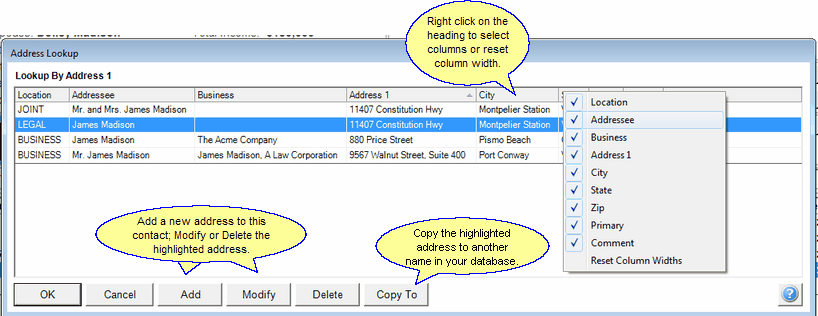 Looking up the addresses for one contact name. Looking up the addresses for one contact name.