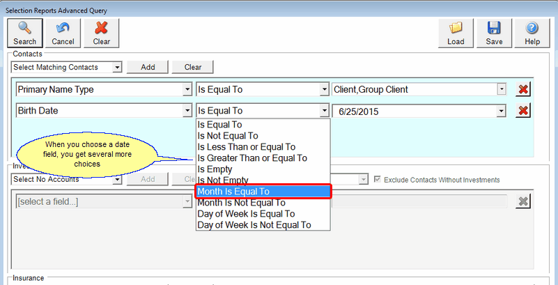 Screen 5: For Dates, you have a variety of choices on how to compare the field to the value. Screen 5: For Dates, you have a variety of choices on how to compare the field to the value.