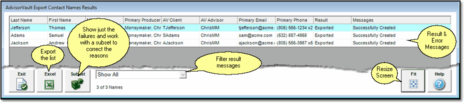 Results Screen showing all contacts exported successfully. Results Screen showing all contacts exported successfully.