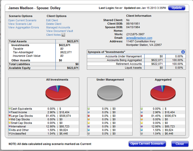 Investment data shown in the initial planning screen Investment data shown in the initial planning screen