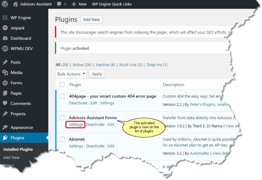 Advisors Assistant Forms Plugin is now activated and ready to hook up to your web site.