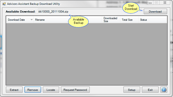 Hosted Backup Utility showing a backup available to download. Hosted Backup Utility showing a backup available to download.