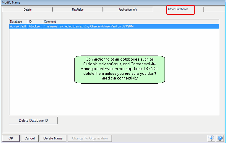 Other Databases Tab appears only if there is information stored there.