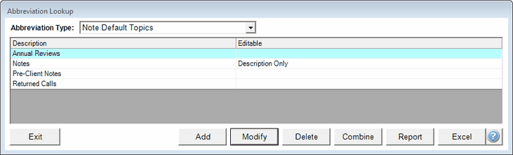 Default Topics Screen When You Choose Note Default Topics From The Lookup