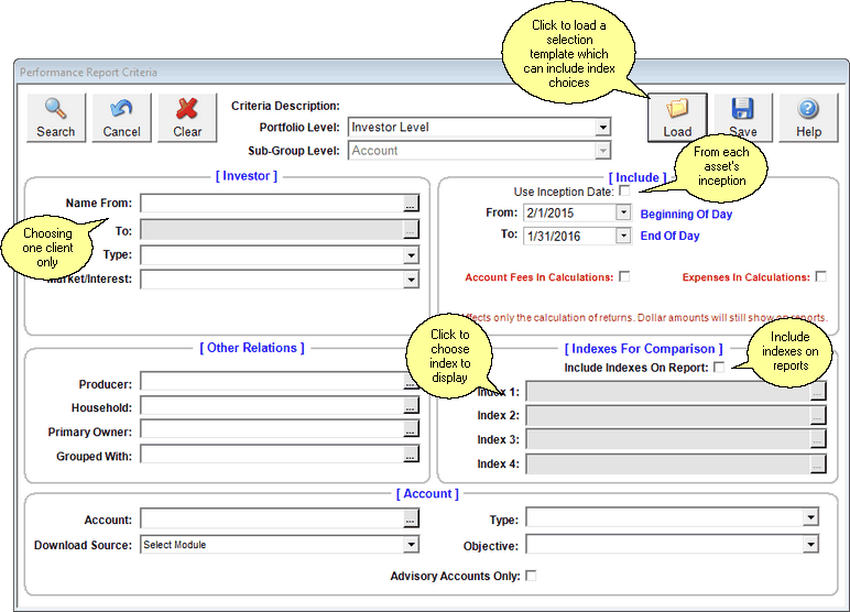 Performance Report Criteria Screen Performance Report Criteria Screen