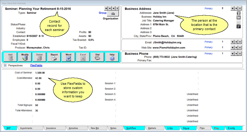 Figure 1: Seminar contact record setup uses a few FlexFields