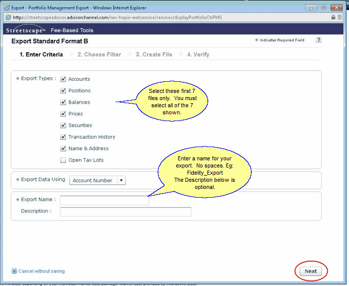 Export Filter Screen Export Filter Screen