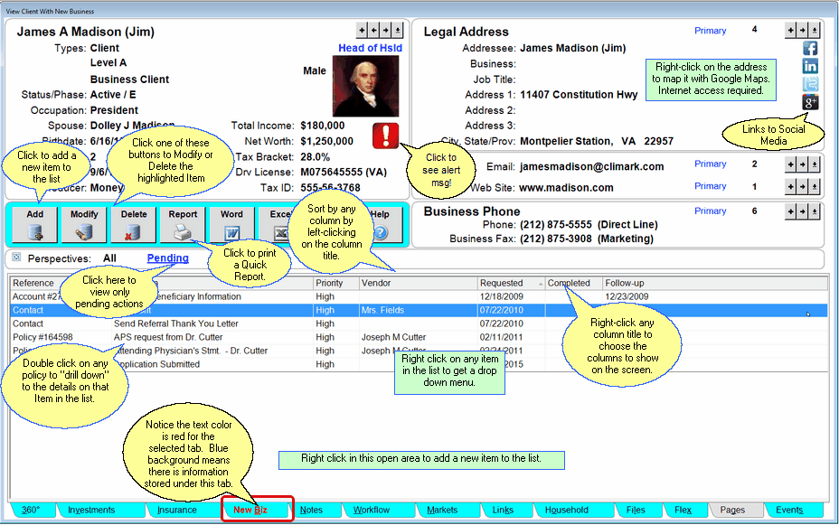 View Client With New Business Screen