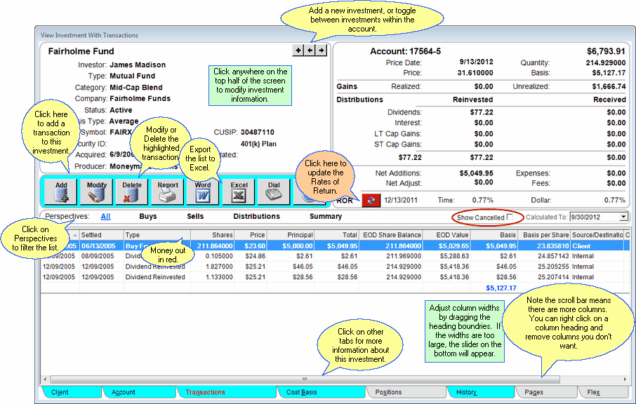 View Investment With Transactions Screen View Investment With Transactions Screen